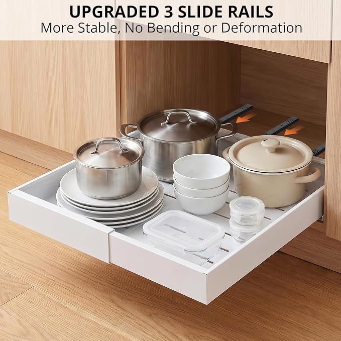 DOMNIU 2 Pack Pull Out Cabinet Organizers Expandable Width (12.4''-20.27'') | Upgrade 3 Slide Rails Sliding Drawer for Kitchen Cabinet Organizer with Adhesive Nano Film, White - Image 5
