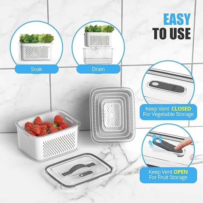 damynuo 5 Pack Fruit Storage Containers for Fridge - Clear Berry Containers with Colander, Airtight Fridge Organizer Bins with Vent Handle Lids for Refrigerator Organizers and Storage Keep Fresh - Image 4