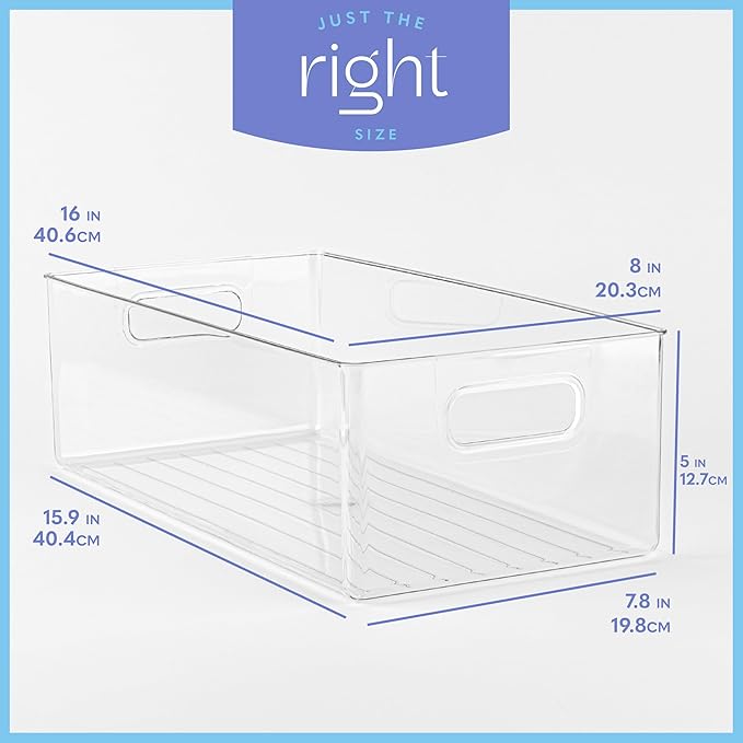 Plastic Food Storage 2 Pack Clear Container Bin with Handles for Organizing Kitchen, Pantry, Refrigerator, Freezer, Pantry, Cabinet, Closet, Bathroom. 16”x8”x5” - Image 3