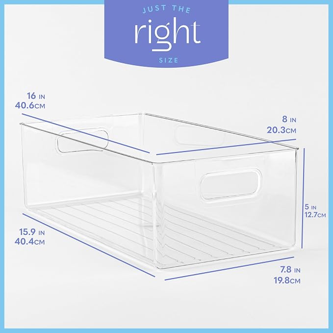 Plastic Food Storage Clear Container Bin with Handles for Organizing Kitchen, Pantry, Refrigerator, Freezer, Pantry, Cabinet, Closet, Bathroom. 16”x8”x5” - Image 3