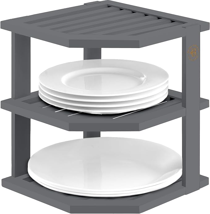 Grey Plate Organizer for Cabinet - 3 Tier Gray Bamboo Corner Cabinet Organizer Shelf for Plates Bowls Mugs Cups, Kitchen Cabinet Organizer, Cabinet Shelf Organizer, Countertop Rack, 10 x 10 x 9.5 Gray by Bamb%C3%BCsi