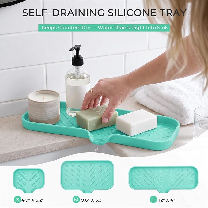 MicoYang Silicone Soap Dish with Drain Spout — Self-Draining Double Sink Organizer Tray for Kitchen & Bathroom, Dispensers, Sponges & Soap Holder, Non-Slip & Dishwasher Safe, Mint (Large, 12"×4") - Image 8
