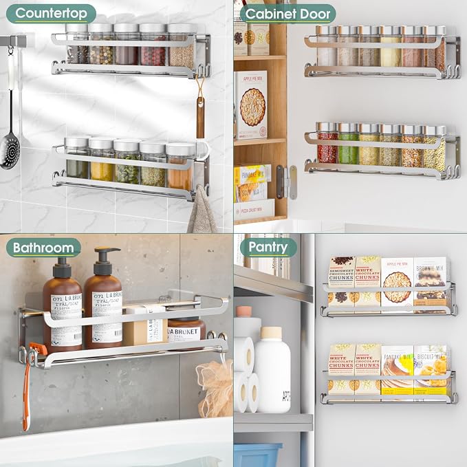 LUCYCAZ 4 Pack Wall Mounted Spice Rack for Kitchen Cabinet,RV,Camper,Sliver | 16 Metal Hooks, Space-Saving,Screw or Adhesive Spice Shelf Hanging,for Pantry Door Spice Jars & Seasonings,11.41×2.75×2.36in - Image 7