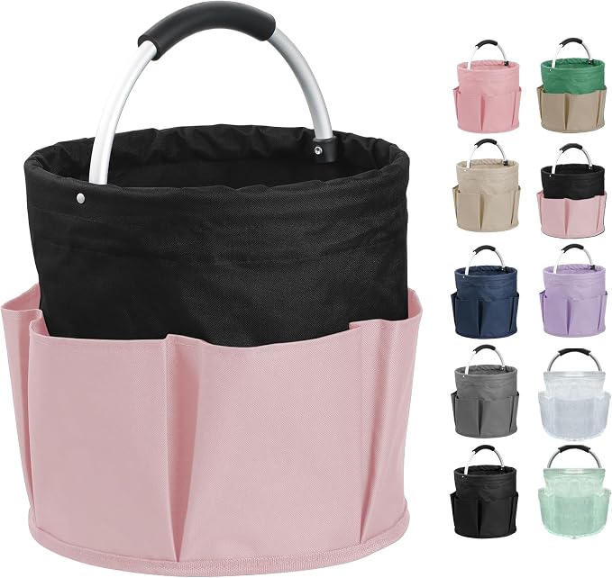 17L Cleaning Supply Caddy for Family, Portable Shower Caddy with Handle and 6 Pockets, Foldable Tool Bucket Organizer, Large Storage Basket for Camping, Gardening, Black with Pink by IHOMAGIC