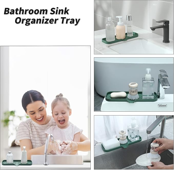 MicoYang Silicone Soap Dish with Drain Spout — Self-Draining Double Sink Organizer Tray for Kitchen & Bathroom, Dispensers, Sponges & Soap Holder, Non-Slip & Dishwasher Safe, Green (Large, 12"×4") - Image 4