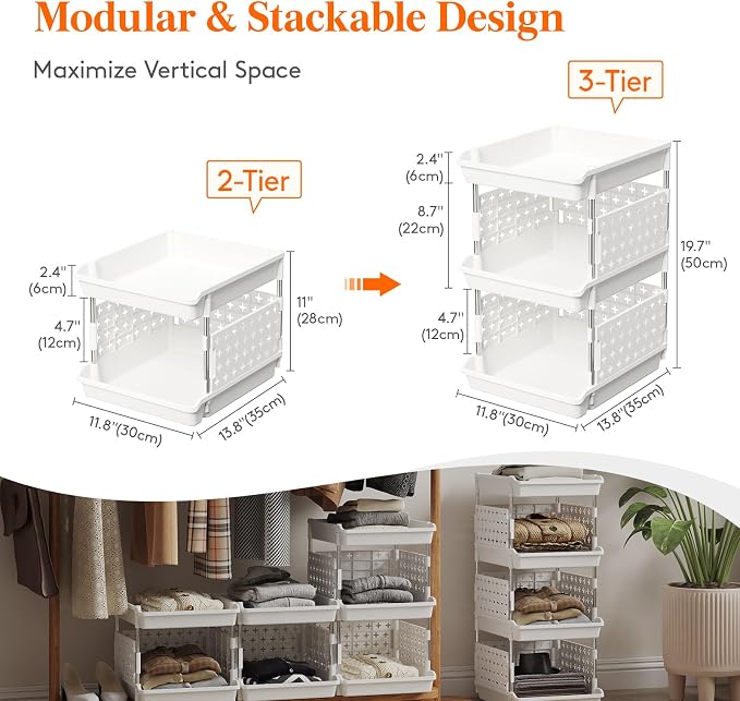 Lifewit 3 Tier Plastic Stackable Storage Baskets for Clothes 1 Pack, White | Stacking Bins for Food, Multifunctional Organizer for RV, Kitchen, Playroom, Pantry and Bathroom - Image 4