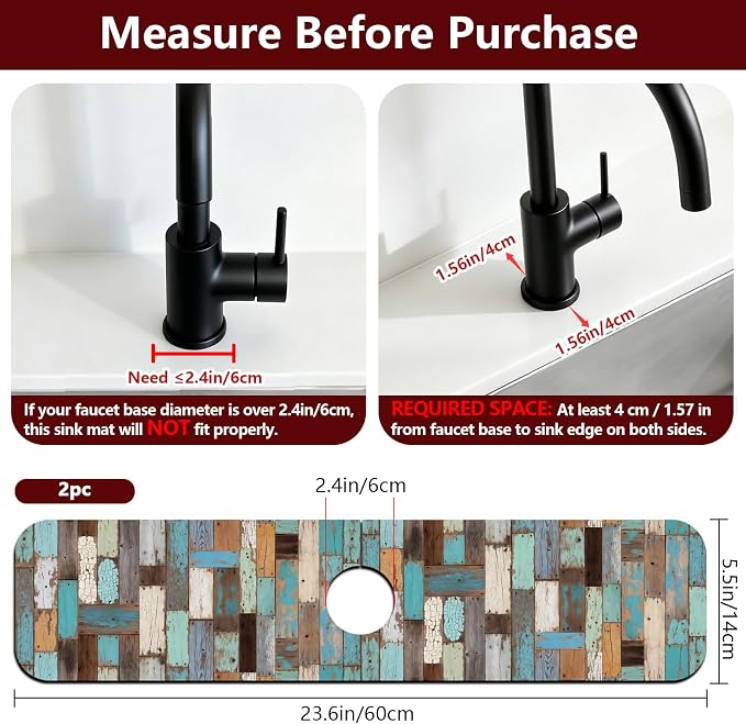 2 Pcs Colored Wood Grain Kitchen Sink Splash Guard Faucet Mat for Sinks Absorbing Drying Mats for Kitchen Bathroom, 23.6x5.5inch - Image 2