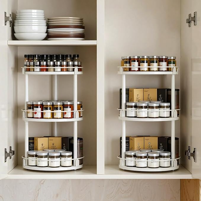 Lazy Susan Organizer, Rotating Spice Rack, 3 Tier Spice Turntable Organizer, Industrial Turntable Spice Holder, for Kitchen Countertop and Cabinet, Compact and Versatile, White SR23WW - Image 2