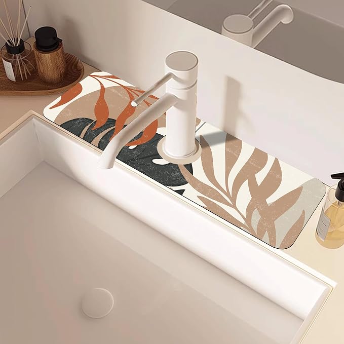 Mid Century Boho Leaves Kitchen Sink Splash Guard Absorbent Fast Drying Mat Faucet Draining Guard Behind Faucet Drip Catcher for Kitchen Bathroom 5.5"15" - Image 2