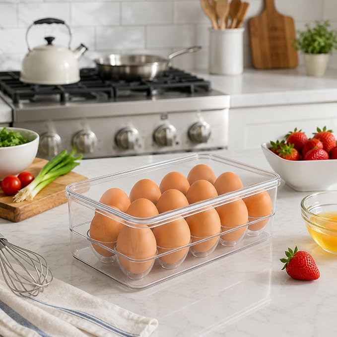Dependable Industries inc. Essentials Stackable Plastic Egg Holder for Refrigerator with Lid – Clear 12 Count Fridge Egg Container, BPA Free Egg Storage Organizer Bin - Image 3