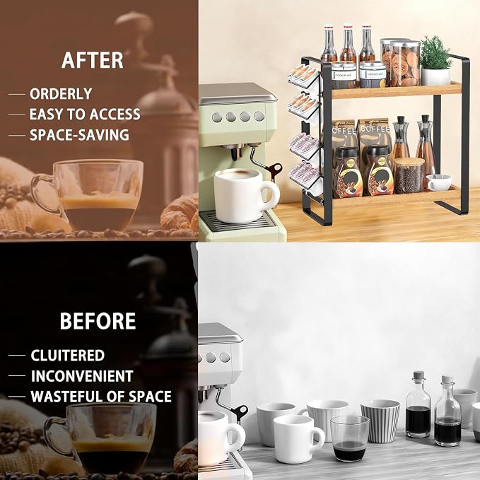 Coffee Station Organizer for Counter,Condiment Storage Caddy for Kitchen,2 Tier Wooden Shelf for Coffee Bar Accessories,Coffee Bar Organizer for Kitchen, Home, Office-Brown - Image 6