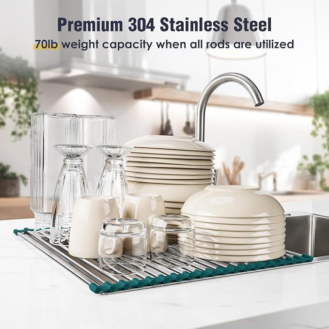 Tomorotec Roll Up Dish Drying Rack Over Sink,304 Steel,17.7x15.5,DarkGreen | Anti-Slip Silicone Rims For Grip, Heat-Resistant Trivet Mat Holding Heavy Cookware, Rustproof Kitchen Counter Space Saver - Image 5