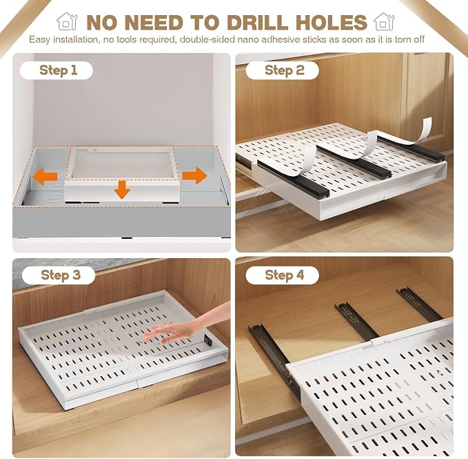 Seinloes Pull Out Cabinet Organizer, 4-Side Expandable to Fit Most Cabinets, 3 Rail Slide Out Drawers with Raising Pad for Framed & Frameless Cabinets, 13"-21"W x 17"-24"D, White, 4 Pack - Image 8