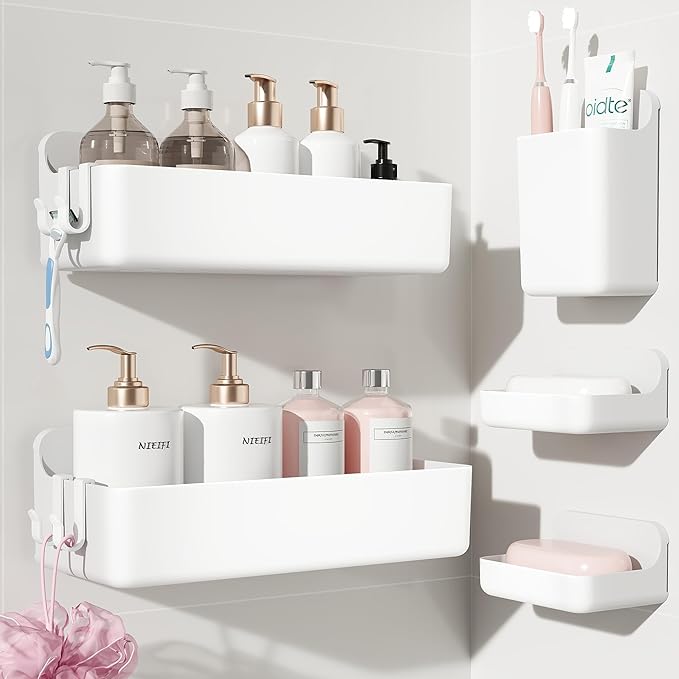 Nieifi Adhesive Shower Shelves, White, 5 Pieces | Rustproof ABS, Large Capacity, Removable Design, Easy-Clean, No Drilling Shower Organizer for Bathroom Storage & Home Decor by Nieifi