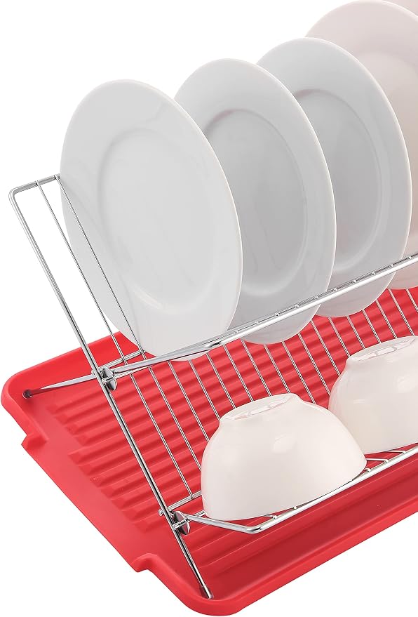 J&V TEXTILES Foldable Dish Drying Rack with Drainboard, Stainless Steel 2 Tier Drainer, Collapsible Folding Rack for Kitchen Sink, Countertop, Cutlery, Plates (Red) - Image 5