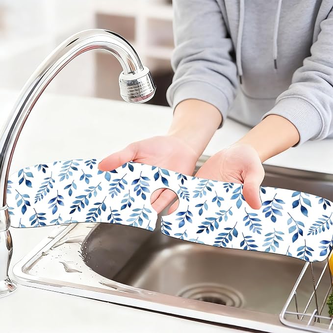 2 Pcs Kitchen Sink Splash Guard Faucet Mat Watercolor Blue Leaves Faucet Mat for Sinks Absorbing Drying Mats for Kitchen Bathroom, 23.6x5.5inch - Image 6