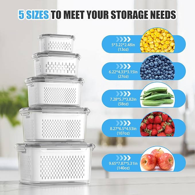 damynuo 5 Pack Fruit Storage Containers for Fridge - Clear Berry Containers with Colander, Airtight Fridge Organizer Bins with Vent Handle Lids for Refrigerator Organizers and Storage Keep Fresh - Image 2
