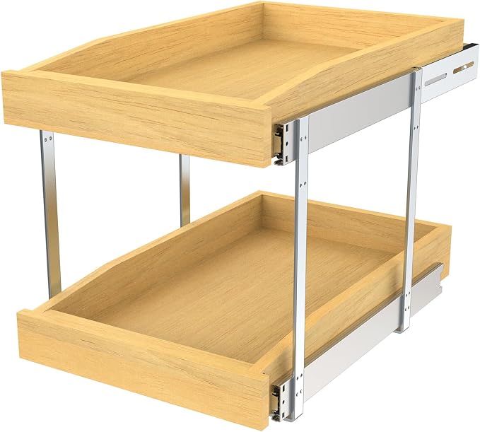 2 Tier Pull Out Cabinet Organizer, 20"W x 21"D Solid Wood Heavy-Duty Base Bottom Assembly Slide out Drawer Shel Cabinet Organization for Kitchen, Pantry, Bathroom by Pulloutor