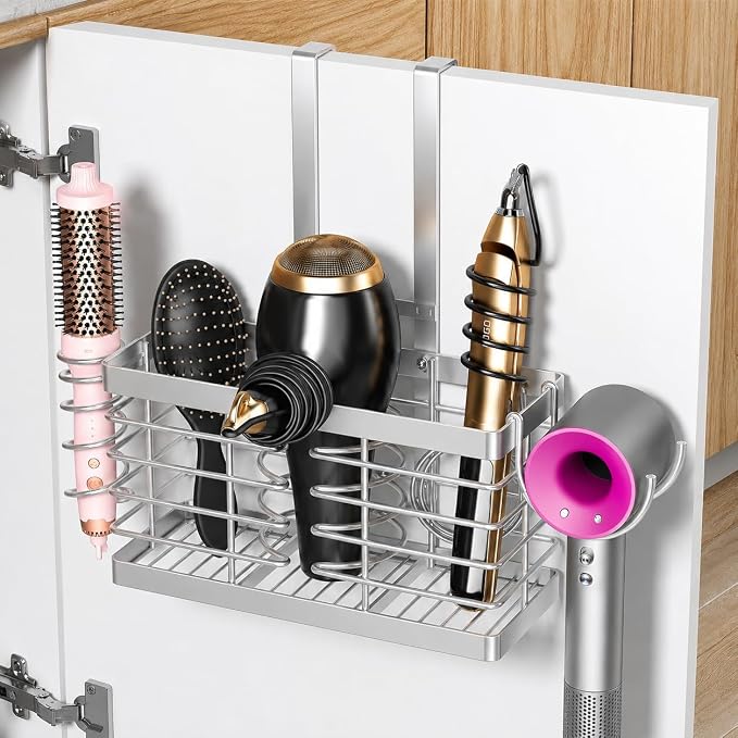 2026 Upgraded 3-in-1 Universal Hair Tool Organizer, L Size, Sliver | Adjustable Height Metal Hair Dryer Holder, Wall Mounted, Over Cabinet Door, Countertop, Bathroom Storage by Sevenblue