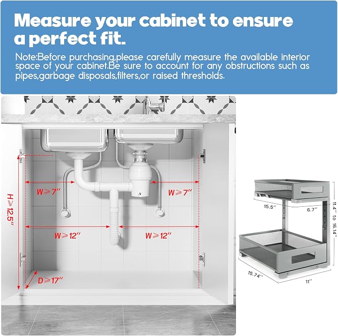 2-Pack Under Sink Storage Organizer, Large 2-Tier Elegant Mesh Pull Out Shelf for Kitchen and Bathroom Cabinet Organization, L-Shaped and Adjustable Height Design-Gun Gray - Image 2