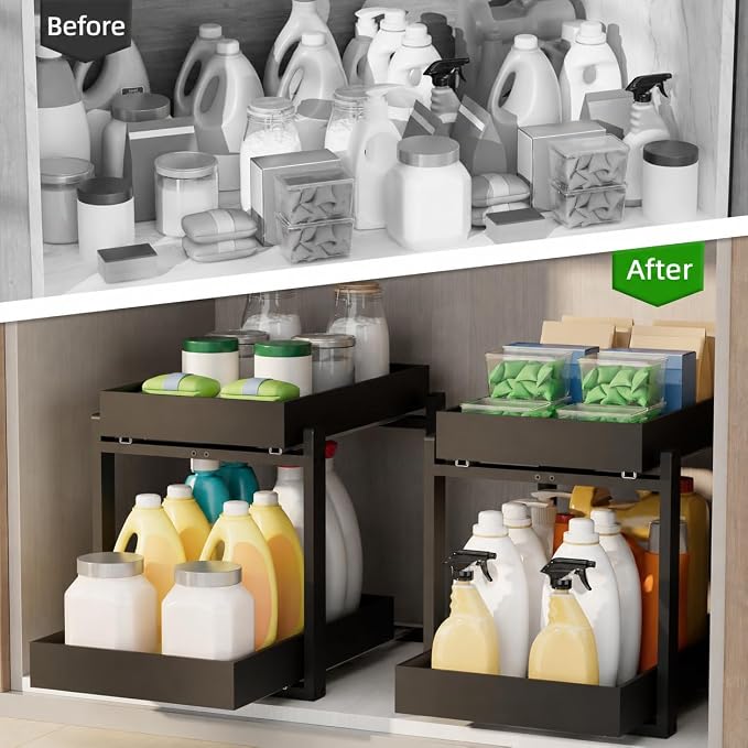 APRTAT 2 Pack Bamboo Under Sink Organizer, 2-Tier Pull Out Storage Drawers | Smooth pull-out drawers keep cleaners and tall bottles visible, organized and easy to reach in kitchen or bathroom cabinets - Image 5