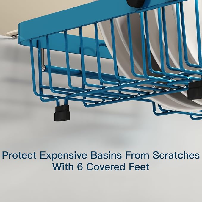 Blue Dish Drying Rack Over The Sink with Utensil Holder | Expandable Stainless Steel Dish Drainer for Small Kitchen, Apartment, RV, Counter Space Saving, Perfect Fit, Rustproof - Image 7