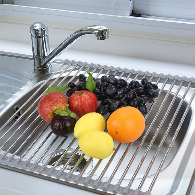 Hhyn Roll Up Dish Drying Rack Over The Sink 17.7"(L) x 15.6"(W), Gray | Multipurpose Foldable Stainless Steel Kitchen Rollable Drainer Rack - Image 5
