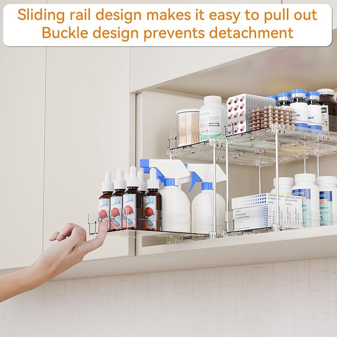 2 Set,2 Tier Pull Out Cabinet Organizer for Supplement and Medication Bottle Organizers,10.4" Deep Pantry Organizers Drawer and Sliding Clear Under Sink Organizer for Bathroom Vanity and Under Counter - Image 6