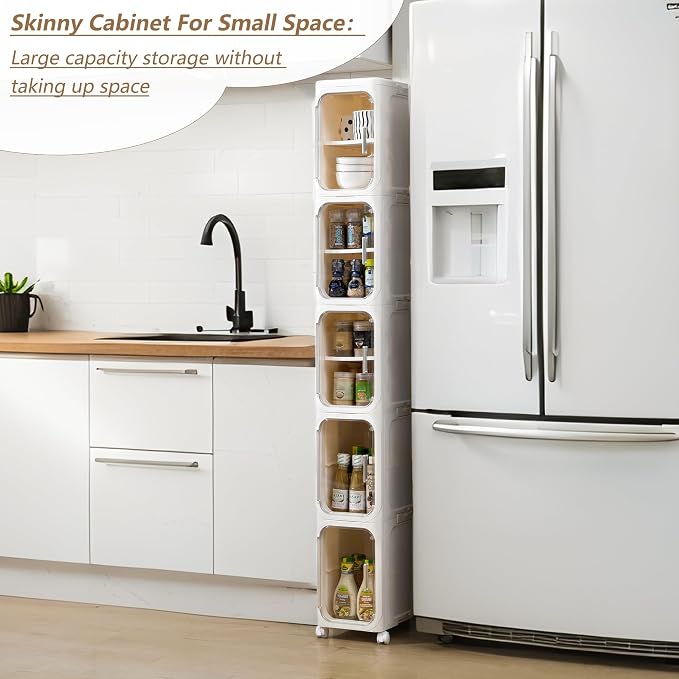 5-Tier Narrow Storage Cabinet Slim Bathroom Tall Skinny Organizer，Beige | Foldable Storage Cabinet with Lockable Rolling Wheels Magnetic Clear Door Adjustable Detachable Shelves For Narrow Space - Image 6