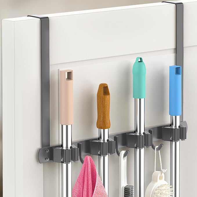 Broom Holder Over The Door with Hooks -304 Stainless Steel (Space grey) | Save Space, Anti-Rust & Sturdy, Mop and Broom Holder Wall Mounted or Hanging Over The Door, for Garage Laundry Kitchen by PrimZootyDesign