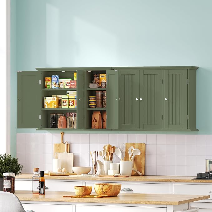 ChooChoo Laundry Cabinet with 3 Doors and Adjustable Shelves | 9.06"D x 31.1"W x 24"H, Bathroom Wall Cabinet, Cupboard, Green - Image 2