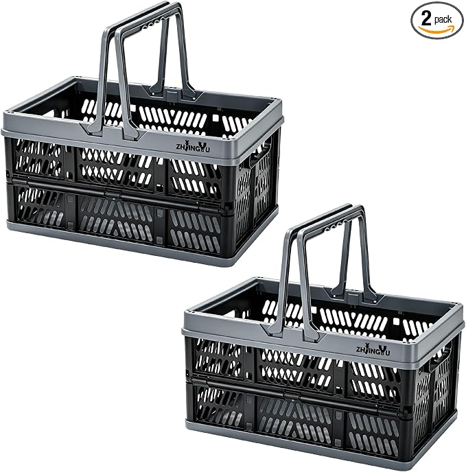 Small Plastic Baskets Black,Pack-2 Plastic baskets for organizing,collapsible shopping basket,foldable crate with Handles,collapsible storage crate,car basket,for Kitchen,Bathroom,Medicine by ZHJINGYU