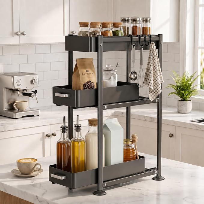 3-Tier Countertop Organizer, Pull Out Spice Rack, Transforming a Cramped, Unusable Space Into a Storage Area, With Suction Cup Feet and 4 Hooks, For Tall Bottles, Condiments and Spices - Image 7