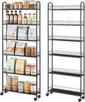 Slim Storage Cart with Wheels, Metal 6-Tier 6in Black Narrow Rolling Shelf, Sturdy Slim Storage with Hooks Ideal for Kitchen, Bathroom, and Laundry Room by RUOZTEOO