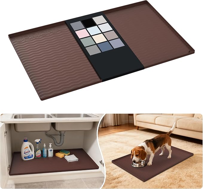 URMONA Waterproof Silicone Under Sink Mat 34'' x 22'' Shelf Liner for Kitchen and Bathroom, Cabinet and Counter Protector, Storage and Organizers, Litter Mat, Pet Cat Puppy Essentials(Brown) by URMONA