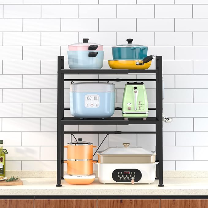 PUSDON 3-Tier Expandable Microwave Oven Rack, Countertop Baker's Rack Style Shelf, Heavy Duty Adjustable Standing Shelf with Hooks, 160lbs Capacity Kitchen Space Saver, Matte Black - Image 7