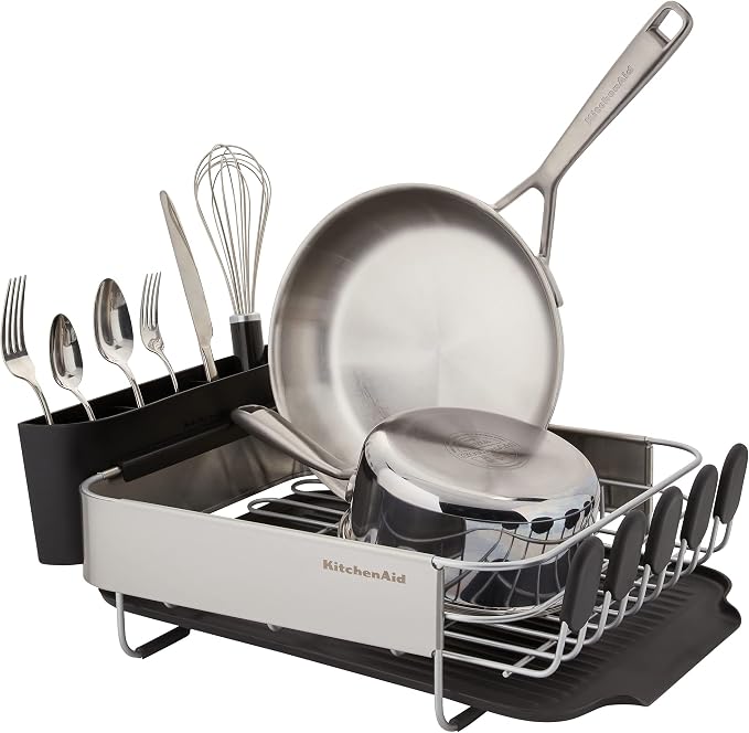 KitchenAid Compact, Space Saving Rust Resistant Dish Rack with Removable Flatware Caddy and Angled Self Draining Drainboard, 16.06-Inch, Black (Pack of 4) - Image 2