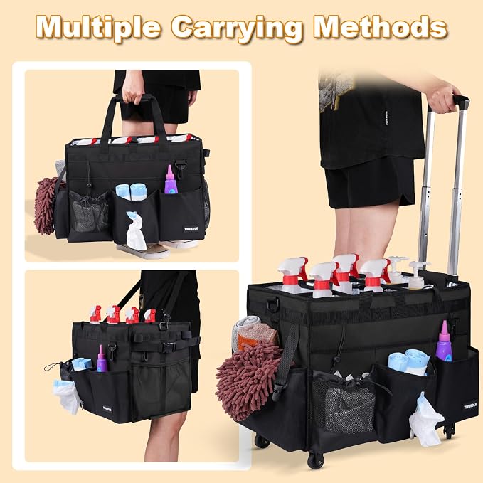 Extra-Large Rolling Cleaning Caddy with Wheels,Cleaning Caddy Bag with Detachable Trolley,Water Resistant Lining Cleaning Supply Organizer with Handle for Cleaners,Housekeepers (Black) - Image 4