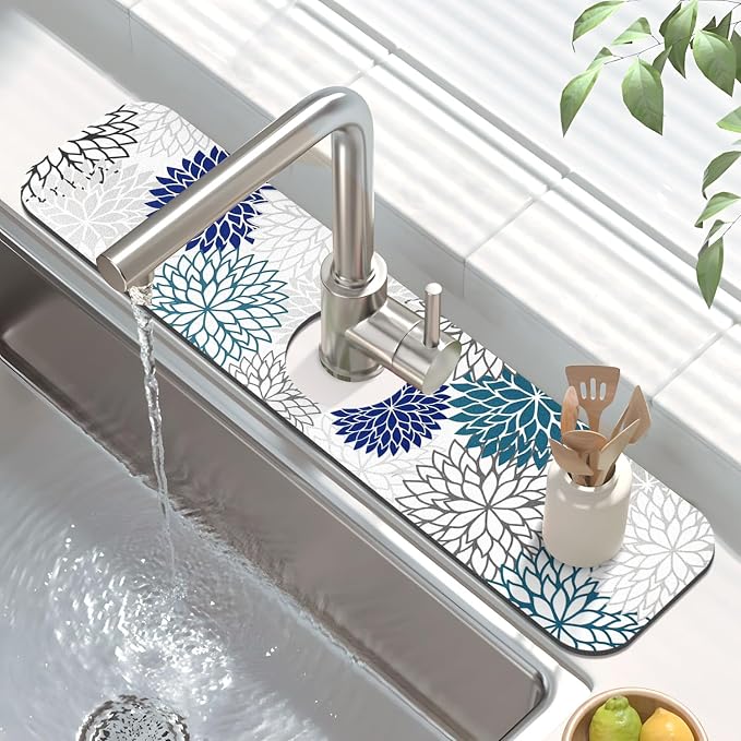 Findosom 2PCS 12" x 20" Dish Drying Mat & 24" x 5.5" Sink Splash Guard, Super Absorbent & Cuttable Dish Mat Drying Kitchen Mat with Blue Floral, Hide Stain Drying Mat for Kitchen Counter - Image 4