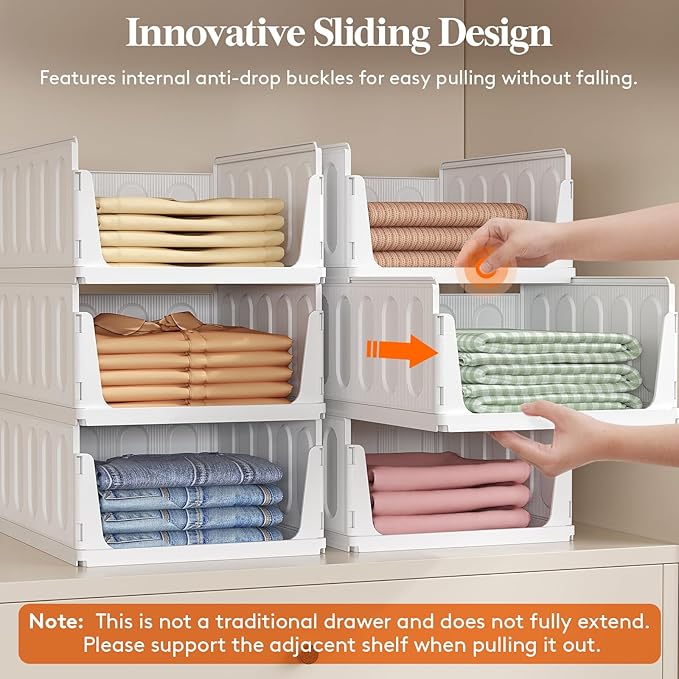 Lifewit Stacking Closet Organizers Shelf for Clothes 6 Pack 14" Depth | open front basket, top shelf storage bins, store clothing sweater jeans, for Pantry, Kitchen, Dorm - Image 2
