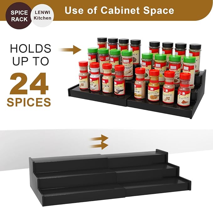 Lenwi Spice Rack Organizer for Cabinet, 3 Tier Expandable Bamboo Spice Storage for Kitchen Cupboard Pantry, Black - Image 3