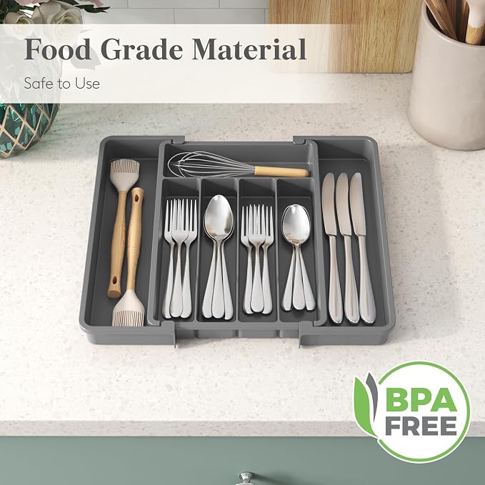 Lifewit Silverware Drawer Organizer, Expandable Utensil Tray for Kitchen, BPA Free Flatware and Cutlery Holder, Adjustable Plastic Storage for Spoons Forks Knives, 8.5-14 x 12", Dark Gray - Image 6