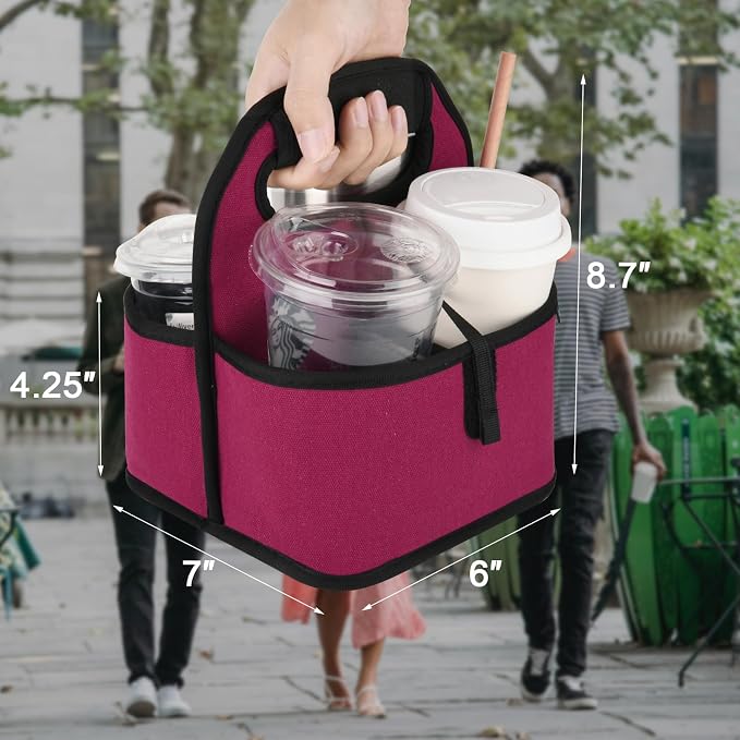 Beautyflier Reusable Insulated Coffee Cup Carrier, Portable Drink Holder with Handle Organizer Tote Bag for Hot & Cold Drinks (Wine Red) - Image 2