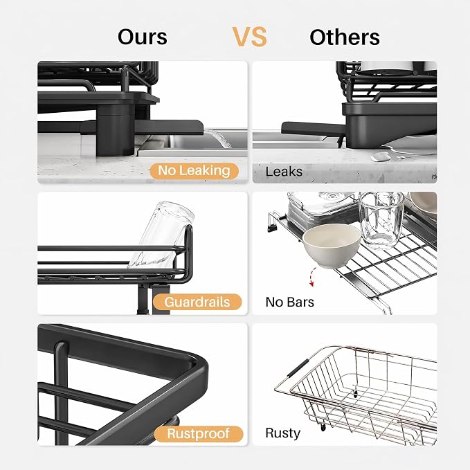 Expandable 2-Tier Dish Drying Rack Over the Sink, Large Capacity | Foldable rustproof coated metal; expands over sink; 2-tier large capacity for plates, bowls, glasses, pan and utensils. - Image 3