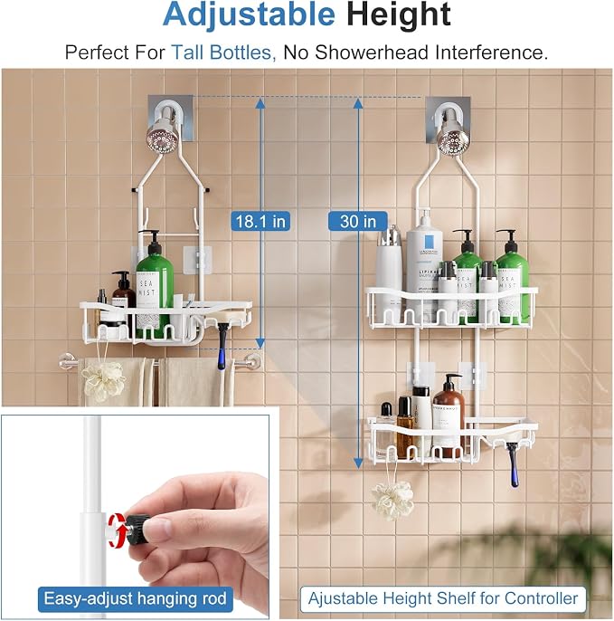 Upgraded Extended Length Shower Organizer with Hooks, Rustproof Shampoo Soap Holder, Large Hanging Bathroom Caddy, White - Image 2
