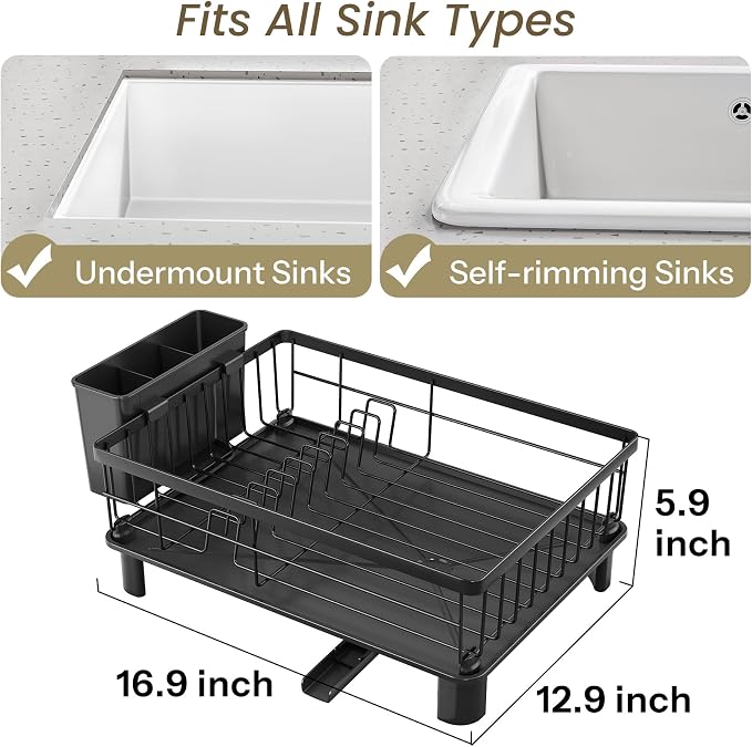 SNTD Dish Drying Rack for Small Kitchen Counter, 12.9" W x 16.9" L, Black | Space Saving, Rotating Spout & Angled Drainboard for Quick Drainage, Stainless Steel, Removable Utensil Holder - Image 2