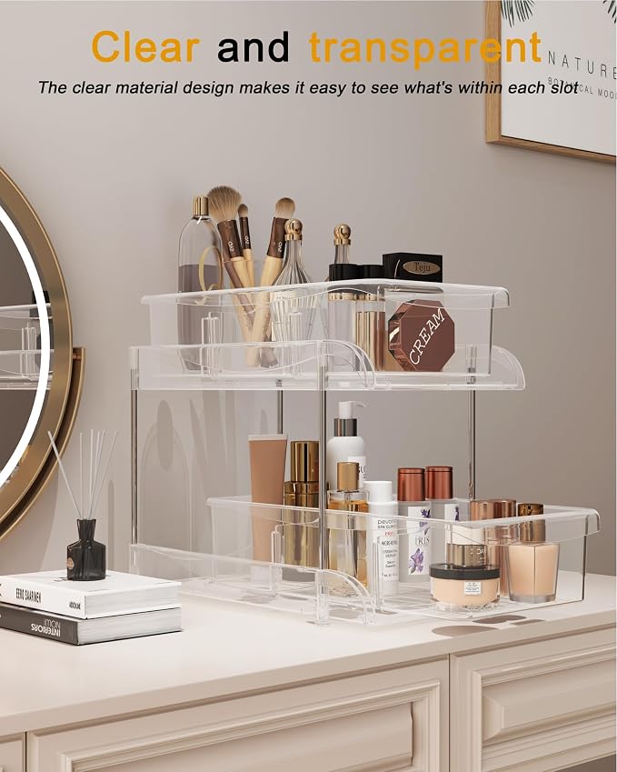 2-Pack 2-Tier Under Sink Organizers with Sliding Drawers | Multi-use kitchen & bathroom storage, 10.6 inch clear cabinet organizer, space-saving sliding drawer design. - Image 5