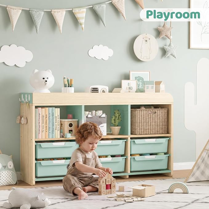 Toy Storage Organizer with 6 White Bins - Wooden Playroom Storage Cabinet for Toys, Books & Art Supplies, Green - Image 6
