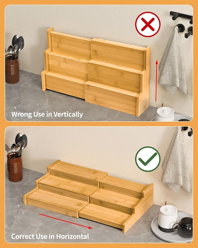 Spice Rack 3-Tier Natural Bamboo, Adjustable Cabinet Organizer Shelf | Expands 8.7-15.6"cabinets. Stepped design, labels visible.Storage organizer saves space, easy wipe. For spices, jars,cans. - Image 5