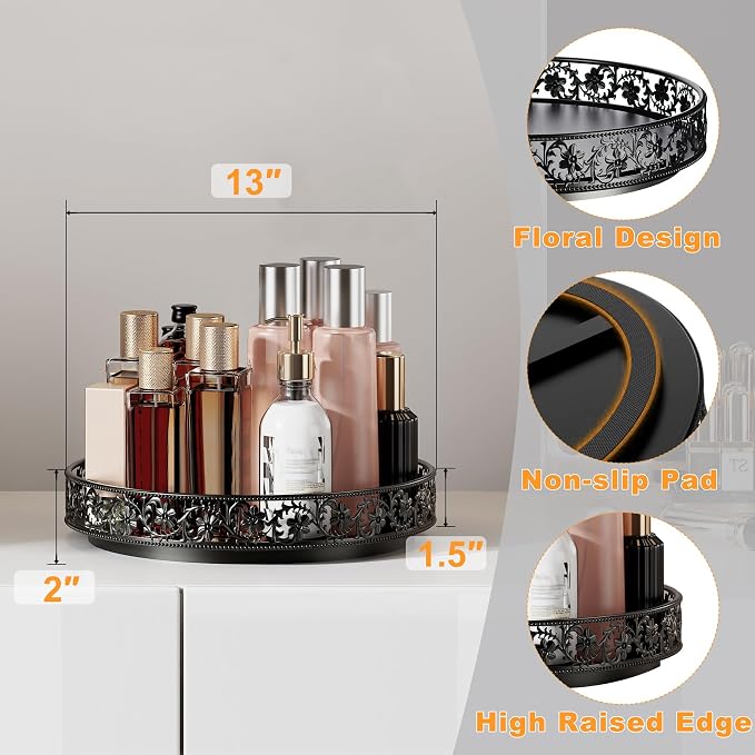 13 inch Lazy Susan Turntable Organizer, Black | Large Rotating Spice Rack, For Dining Table Top, Cabinet Countertop Pantry, Kitchen Cupboard Bathroom - Image 3